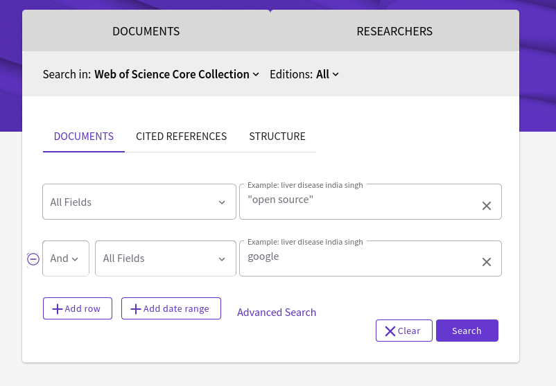 WoS search for 'open source' and google