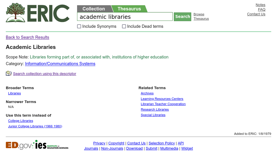 Thesaurus descriptor page for the term academic libraries