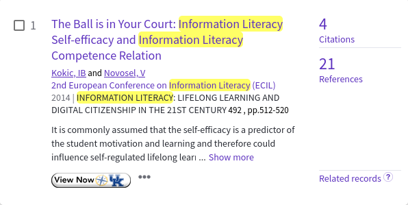 WOS record of article on information literacy